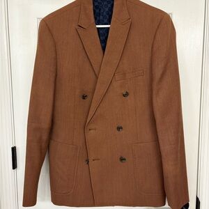 Tasso Elba Brown Wool Cotton Tweed Double-Breasted Blazer 36-38 Notch Lapel